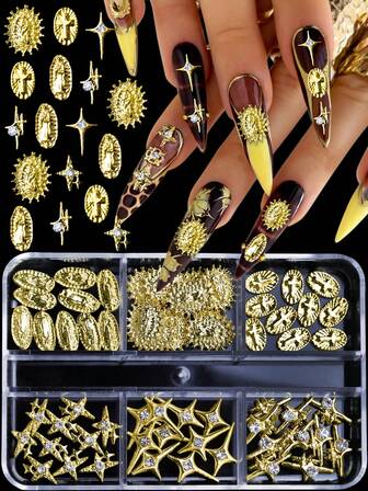 60件套全新迷人Y2K风格金色金属水钻浮雕宗教肖像北极星美甲饰品配件套装，无香3D美甲合金宗教风格装饰贴片，手工DIY艺术装饰配件，3D美甲假指甲手机壳装饰饰品，美甲水钻和装饰饰品礼品套装