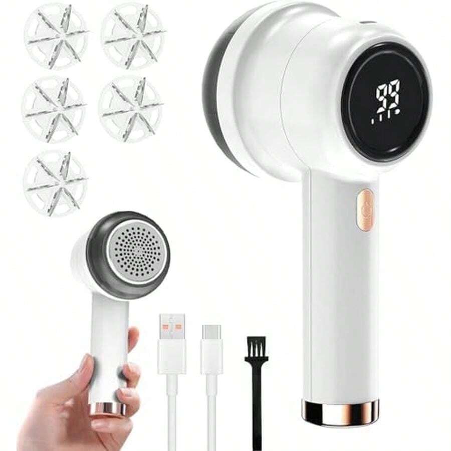 Quita Pelusa para Ropa Recargable, Removedor De Pelusa Electrico, Quitapelusas Electrico, Limpiador de Pelusa de suéter con 5 Cuchillas de Repuesto, Cepillo, Cable de Carga (Blanco) - / - Ver 1