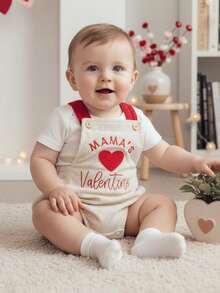 Conjunto de San Valentín para bebé recién nacido, niño y niña, mono de pana con corazón de San Valentín de mamá, mono sin mangas con tirantes y burbujas, mono corto sin espalda, ropa para mi primer día de San Valentín - Caqui - Ver 4