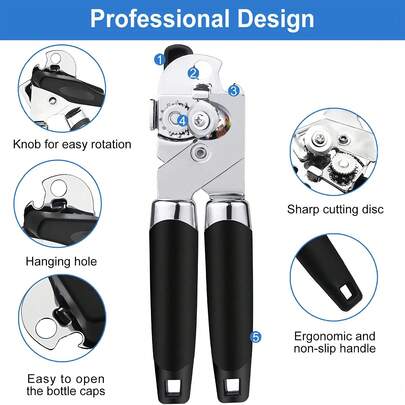 Manual Handheld Can Opener, Sharp Cutting Wheel For Smooth Edge Cut, Non-Slip Handle, Oversized Easy To Use Turn Knob, Includes Built In Bottle Opener