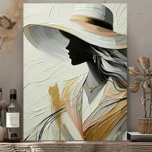 Impresión de arte abstracto de una sola pieza plana 2D, elegante dama con sombrero - Retro moderno, dorado, marrón, verde, rosa, naranja, rojo, morado - Decoración de pared en lienzo con marco de madera - Multicolor - Ver 8