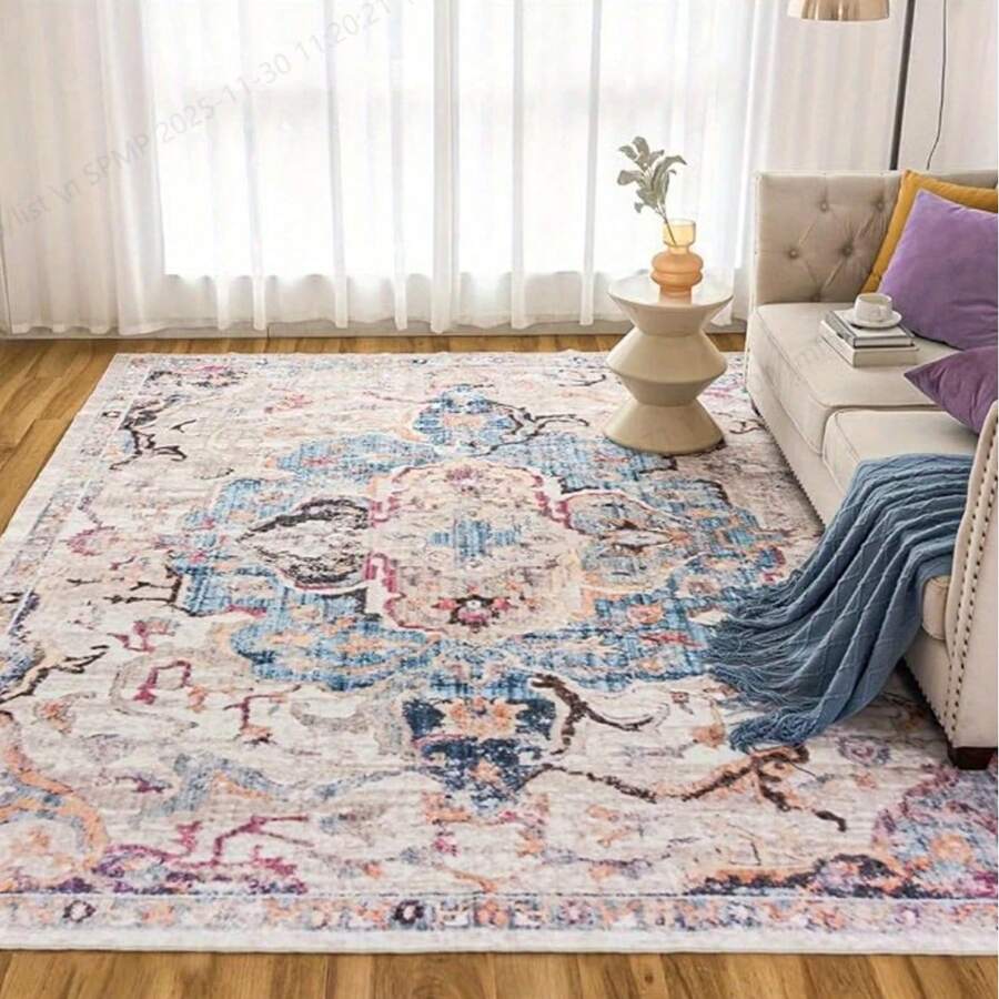 可水洗防滑复古小地毯，轻盈短绒，可机洗，防污大号柔软薄地毯，适用于客厅、卧室、餐厅地板。 - 彩色 - 查看 1