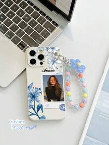 1pc Customizable White TPU Phone Case With Floral Print Background, And 1pc Blue Flower Beaded Bracelet, Customized Phone Case, Anniversary Gift, Valentine's Day Gift, Birthday Gift, Wedding Gift - Multicolor - View 5