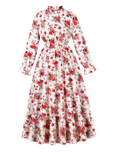 2025 Spring/Autumn Elegant Loose Floral Print Long Sleeve Stand Collar Casual Beach Resort Dress