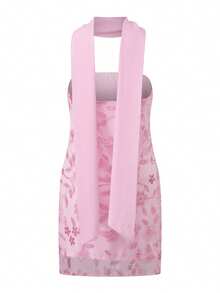Women Summer Mini Bandeau Dress Sleeveless Off Shoulder Flower Embroidery Tube Top Dress With Scarf - Hồng - Xem 4