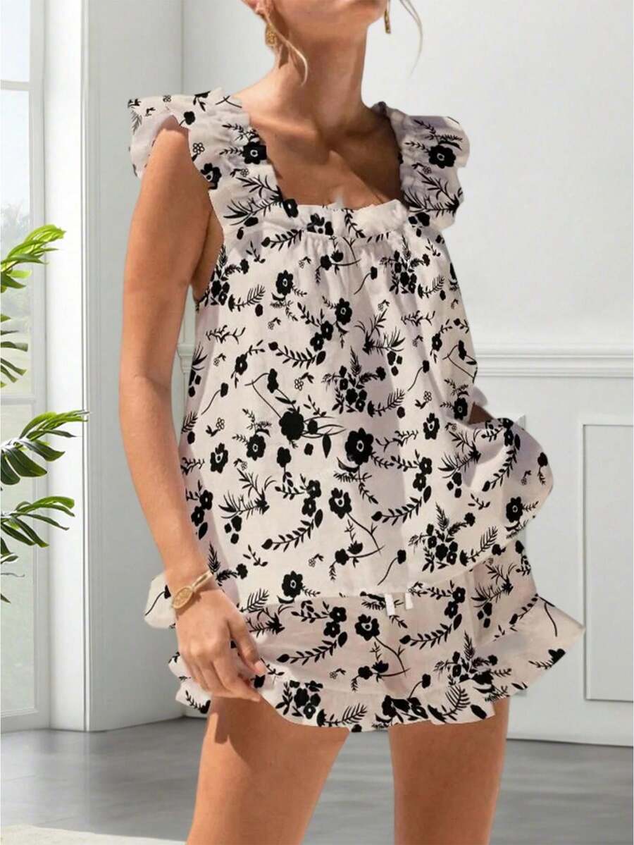 Womens Pajamas Set Bow Floral Print Ruffle Sleeveless Tank Top And Shorts Sleepwear Set Summer 2 Piece Outfits Women Floral Print Pajama Sets 2 Piece Lounge Set Ruffle Trim Sleeveless Top And Shorts Pjs Sleepwear - 黑色 - 查看 1