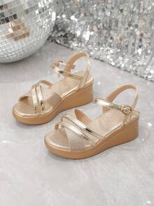 1 Pair Gold Fashion Wedge Sandals For Girls, Shiny Strap Back, Classic Round Toe Peep Toe Open Toe, Metal Buckle Design, Fashionable Cute Glamorous 3CM Thick Heel Lightweight Platform High Heel Sandals, Suitable For Female Students Daily Wear, Vacation, Campus, Festival, Outdoor, Spring Summer New 2026 - Gold - View 3
