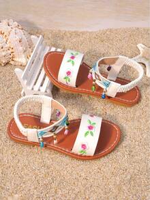Sandalias planas bordadas de verano para niñas, estilo bohemio, suela blanda antideslizante para la playa, nuevos zapatos de moda para niños - Blanco - Ver 3