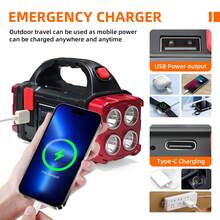 高功率LED手电筒，太阳能和USB双充电，COB工作灯和移动电源功能，便携耐用，露营、应急、徒步旅行必备