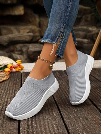 Teniși casual gri deschis pentru femei, respirabili, ușori, versatili, fără slip-on, pentru toate anotimpurile