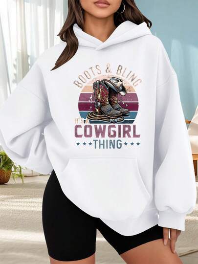 Suéter de moda con capucha al aire libre para mujeres Sudadera con capucha negra con estampado de botas y sombrero vaquero y texto Boots Bling Its a Cowgirl Thing para uso diario fiestas temáticas y temporada otoño invierno Combinar  de citas fuera de casa, regalos de vacaciones La mejor opción para salir a una cita