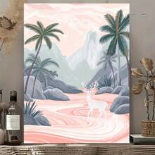 Arte de pared en lienzo retro moderno con palmeras y ciervos en un paisaje de agua dulce, póster impreso de alta calidad, marco de madera, lienzo envuelto, adecuado para sala de estar, dormitorio, cocina, baño - Postura vertical, decoración elegante para colgar en la pared, decoración de pared interior |   Arte de escena tranquila |   Marco de Lienzo Envolvente, Decoración de Arte de Pared - Multicolor - Ver 9