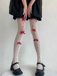 1双洛丽塔蝴蝶结渔网袜，薄款性感镂空连裤袜，白色 - 彩色 - 查看 6