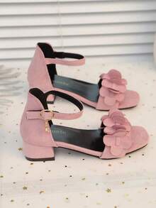 1 Pair Plus Size Girl's Student High Heel Sandals, Red 3D Floral Decor, Soft Fabric, Metal Buckle, Rhinestone, Classic Simple Hook And Loop Design, Square Toe Chunky Heel, Open Toe, Fashion Elegant Cute Roman Sandals, Suitable For Students Aged 3-15, Daily Casual, Hosting, Dance Party, Holiday, Spring/Summer 2026