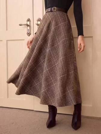 Plaid Diamond Pattern Elegant A-Line Skirt, High Waist Flared Retro Fashionable Casual Graceful Women Dress, Exquisite Elegant For Autumn/Winter, Everyday Wear