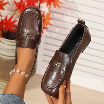 Women's Square Toe Leather Flat Loafers, Coffee Brown, Elegant British Style, Mary Jane Fashion Retro Casual Soft Bottom Comfortable Slip-On Shoes