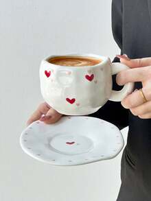 1 Set Heart-Shaped Ceramic Coffee Cup & Saucer, Elegant Minimalist Ceramic Mug, High-Quality Hand-Painted Ceramic Cup, Water Cup, Breakfast Milk Cup, Juice Cup, Party & Afternoon Tea Cup, Saudi Coffee Cup, Gift Cup - Multicolor - View 2