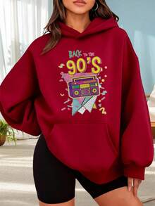 Fashionable Outdoor Hooded Sweater For Women. Black Hoodie With Retro Radio Print And "Back To The 90s" Text. Ideal For Everyday Wear, Parties, And The Fall/Winter Season. Perfect For Dates, Outings, And Holiday Gifts. The Best Choice For A Date Night. - 酒紅色 - 查看 1