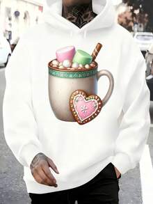 Men's Hooded Sweatshirt, Casual Style Men's Hooded T-Shirt With Hot Chocolate Mug Print Featuring Marshmallows, Heart-Shaped Cookie And Cinnamon Stick, Christmas Design Ideal For Everyday Wear, Social Events, Winter Festivities, Christmas Outfit Ideas, Perfect For Outdoor Activities, Parties, And The Best Gift For Friends. - 白色 - 查看 1
