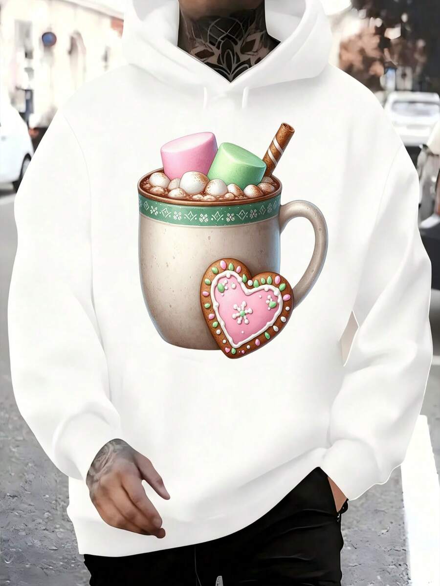 Men's Hooded Sweatshirt, Casual Style Men's Hooded T-Shirt With Hot Chocolate Mug Print Featuring Marshmallows, Heart-Shaped Cookie And Cinnamon Stick, Christmas Design Ideal For Everyday Wear, Social Events, Winter Festivities, Christmas Outfit Ideas, Perfect For Outdoor Activities, Parties, And The Best Gift For Friends. - 白色 - 查看 1