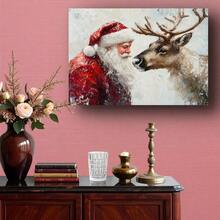 1 Pieza de lienzo vintage enmarcado de Santa Claus y renos - Decoración moderna minimalista para el hogar con marco de madera,últiples tamaños, impresión de lienzo envuelta lista para colgar, adecuada para sala de estar, decoración de pared, decoración navideña - Multicolor - Ver 2