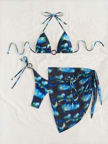 Bộ bikini nữ buộc dây sau cổ với quần lọt khe hai bên và váy kiểu boho, chất liệu co giãn cao, in họa tiết, thích hợp cho kỳ nghỉ hè ở bãi biển. - Màu xanh lam - Xem 2