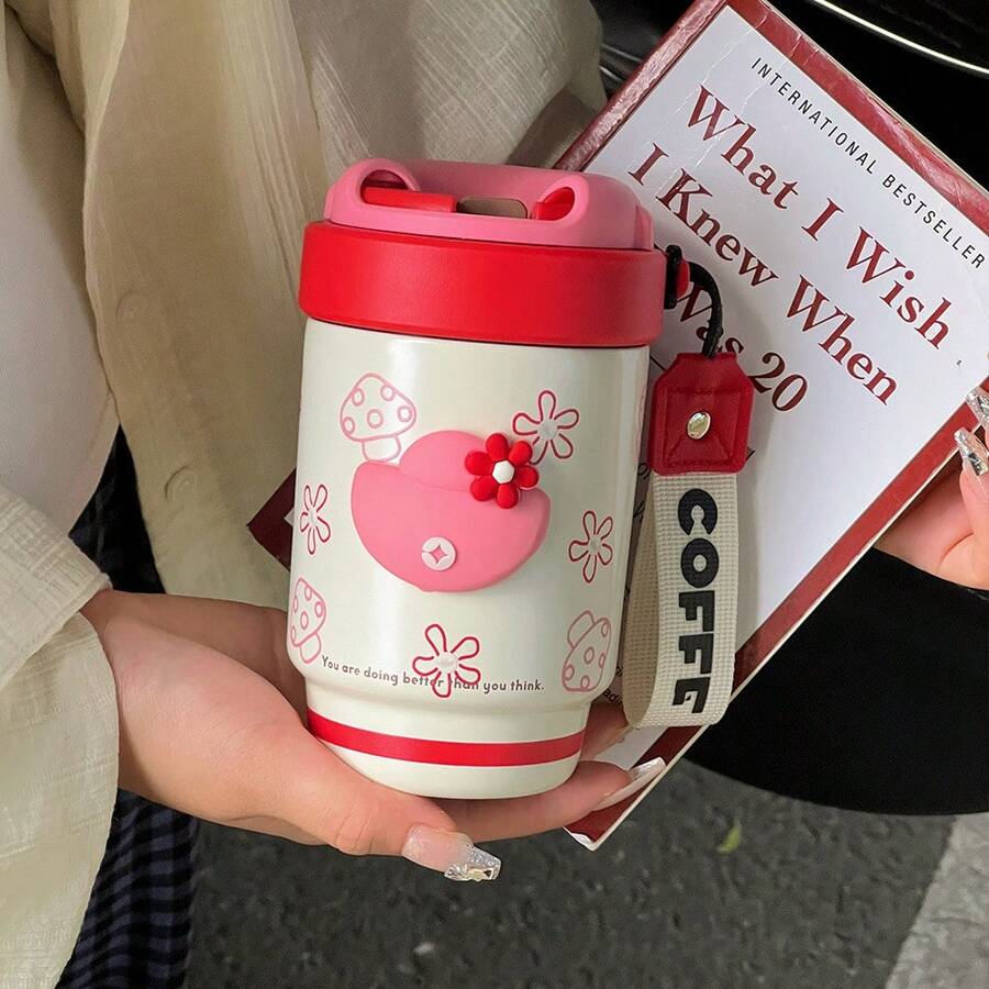 High-Value Peach Red Ceramic Coffee Mug, Compact Insulated Stainless Steel Double-Walled Portable Drinking Cup - 5013-紅白 - 查看 1