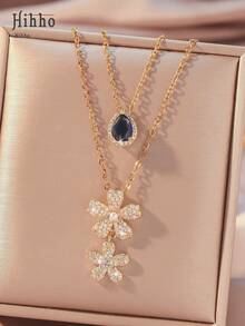 Hihho 2入組經典&多用途有創意設計發亮的方晶鋯石&藍色的寶石水滴雙簇吊墜優雅女性鎖骨項鏈套裝適用於日期禮品 - 銀色 - 查看 2