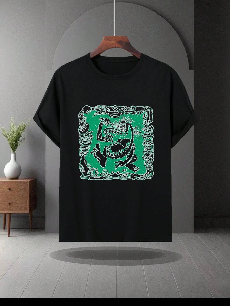 Men's Streetwear Graphic Tee - Casual Black Crew Neck T-Shirt With Green Dragon And Flower Design, Short Sleeve, Lightweight Polyester Blend For Summer, Streetwear Fashion, Bold Graphic Tee, Detailed Print, Dragon T-Shirt - 黑色 - 查看 1