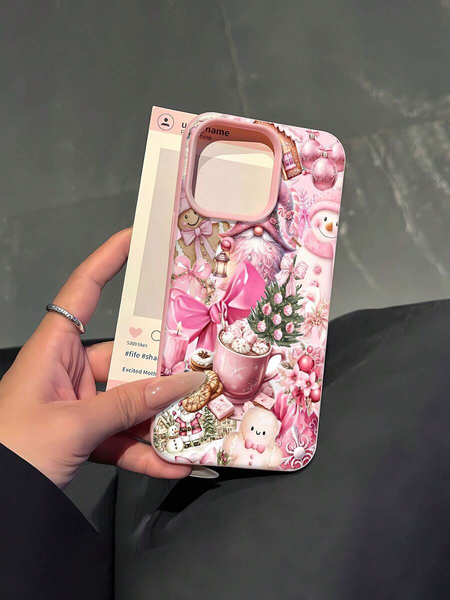 Estuche para teléfono con diseño de fantasía navideña rosa, lindo muñeco de jengibre y muñeco de nieve Adecuado para 17, 16 Pro Max, 15 Pro Max, 13 y 12 Equipado con función de protección anticaídas y anticaídas Un regalo ideal para familiares, amigos y seres queridos, lo que lo hace perfecto para las celebraciones navideñas - Rosa - Ver 1