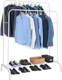 Multifunctional Coat  Clothing Double Rod Hanger With Shelf Freestanding White - White - View 2
