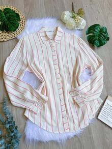 Women's Striped Button-Down Shirt, Casual, SP028 - 粉色 - 查看 2