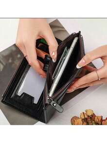 YUQING.FC Cartera Plegable Con Doble Cremallera, Ranuras Para Tarjetas Y Monedero #C113-2 - Negro - Ver 7