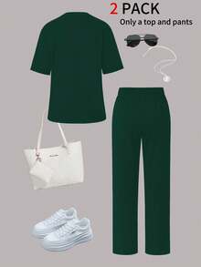 女士夏季两件套，包括一件印有个性化字母的圆领短袖T恤和一条高腰抽绳直筒裤。 - 墨綠色37 - 查看 4