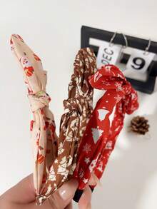 3pcs Girls Fashion Snowflake & Santa Claus Print Fabric Headbands, Versatile Bow Ear Headwear Hair Accessories - Multicolor - View 5