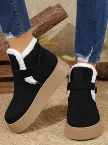 金属扣平底雪地靴，时尚百搭的套穿式踝靴 - 黑色 - 查看 1