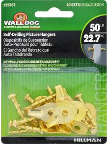 Hillman Brass 122367 Perros de pared autoperforantes con gancho para colgar cuadros, hasta 50 libras (paquete de 10) - 1 - Ver 3