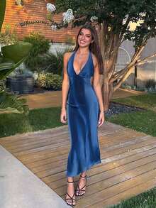 女士性感露背吊带雪纺修身长裙，饰有打结细节，是派对的完美之选 - 彩色 - 查看 3