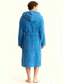 1pc Men Hooded Fleece Plush Bathrobe, Ultra-Soft, Fluffy, Non-Shedding, With Handy Pockets, Perfect As A House Coat Summer Wedding Home Bathroom Decor Back To School - Multicolor - View 5