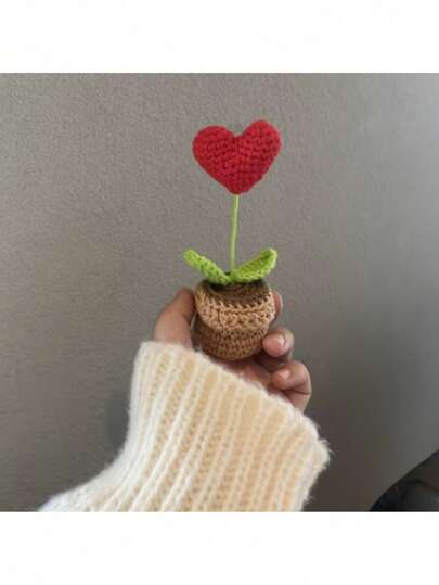 1 st alla hjärtans dag-present krukväxt, handgjord konstgjord blomsterdekor, heminredningstillbehör, med realistisk jordstruktur och löv - livfulla blommor, lämplig för hem, kontor, bilinredning, högkvalitativ handgjord virkad hjärtblomma, elegant heminredningsdetalj, ingen elektricitet behövs, bords- eller hylldekor, handvävd textur, handgjord stil, tygblommig bukett, utmärkt present