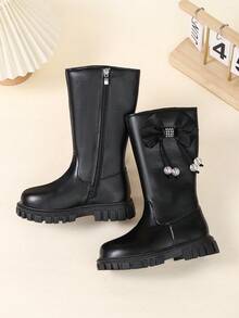 1 Pair Beige Plus Size Classic High-Top Boots For Girls, Solid Color Soft PU Fabric With Side Tassel, Beads And Bow Design, Round Toe, Thick Sole, Height-Increasing, Thermal Lining, Warm, Fashionable And Elegant, Suitable For Daily Casual, Outings, Vacations, Gatherings, Autumn Footwear - Black - View 6