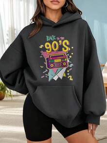 Fashionable Outdoor Hooded Sweater For Women. Black Hoodie With Retro Radio Print And "Back To The 90s" Text. Ideal For Everyday Wear, Parties, And The Fall/Winter Season. Perfect For Dates, Outings, And Holiday Gifts. The Best Choice For A Date Night. - 深灰色 - 查看 1