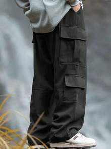 Plus Size Men's Drawstring Waist Pockets Casual Loose Fit Wide Leg Pants, Versatile For Daily Wear - Black - View 2