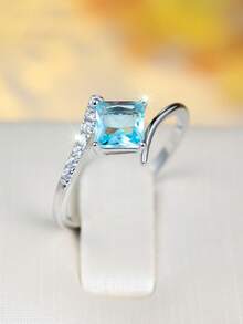 925 Sterling Silver Princess Cut Aquamarine Cubic Zirconia Ring, Engagement/Wedding/Anniversary/Birthday Gift, Luxury Jewelry - Baby Blue - View 3