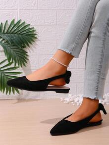 Sandálias minimalistas francesas de bico fino, salto grosso e laço, perfeitas para a primavera/verão. Sapatos confortáveis para damas de honra. - Preto - Ver 5