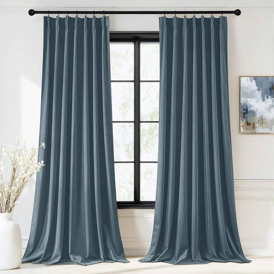 Olive Green Pinch Pleated Curtains 96 Inches Long, Thermal Insulated Window Drapes With Hooks, Soft Track System Panels Living Room, W38 X L96, 2 Panels, Home Decor - Slate Blue - View 1