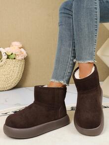 女士时尚厚底套脚雪地靴，冬季百搭舒适踝靴 - 咖啡色 - 查看 10