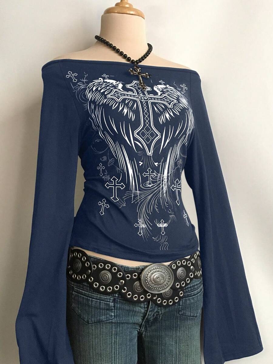 Fashionable Casual Y2K Women's Cross Print Off Shoulder Flare Sleeve Top Spring - Blue - View 1