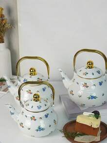 1 件 Ditsy 花卉图案白色陶瓷茶壶，家用水壶，奶茶壶，茶壶，炉灶搪瓷水壶，送给亲戚朋友的礼物，适合户外、露营