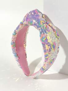 1pc Girls Colorful Sequin Mesh Knotted Headband, Retro European Style Fashion Hair Hoop, Versatile For Valentine's Day, Back To School, Gift - Multicolor - View 3